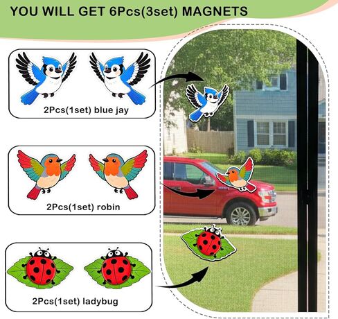 Screen Door Magnets Decor 3Pairs (6pcs) Cartoon Ladybug Robin Blue Jay Flexible Double Sided Magnetic Stickers Patches for Window Screen Sliding Doors Protector, Helps to Keep Pet & People Safe in Saudi Arabia