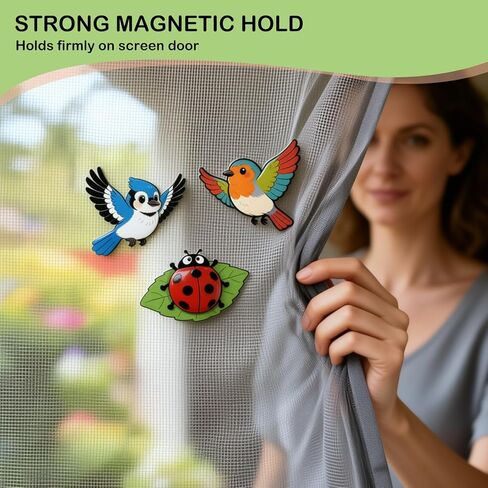 Screen Door Magnets Decor 3Pairs (6pcs) Cartoon Ladybug Robin Blue Jay Flexible Double Sided Magnetic Stickers Patches for Window Screen Sliding Doors Protector, Helps to Keep Pet & People Safe in Saudi Arabia