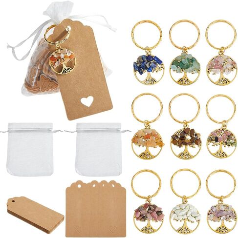 SUPERFINDINGS 18 Sets Tree of Life Party Favors Silver Tree of Life Keychains Gemstone Chip Keychain Bulk Natural Crystal Stone Keyrings with Paper Tags and Organza Bags for DIY Weddings Showers in Saudi Arabia