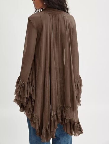 Women's Sheer Chiffon Long Sleeve Top Ruffle Blouse Flowy Lantern Sleeve Sexy See Through Tunic Frill Shirts in Saudi Arabia