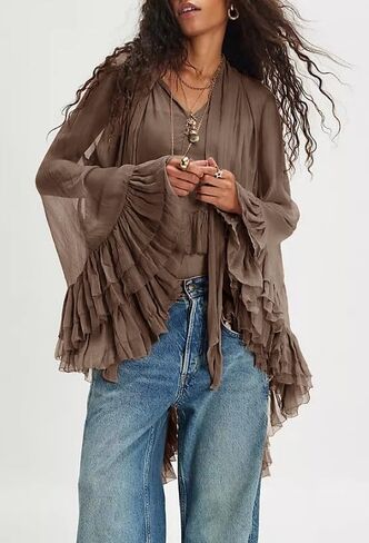 Women's Sheer Chiffon Long Sleeve Top Ruffle Blouse Flowy Lantern Sleeve Sexy See Through Tunic Frill Shirts in Saudi Arabia