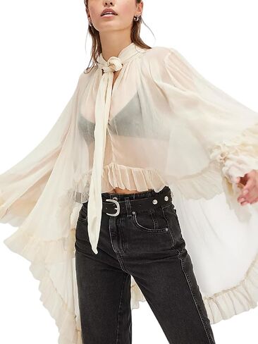 Women's Sheer Chiffon Long Sleeve Top Ruffle Blouse Flowy Lantern Sleeve Sexy See Through Tunic Frill Shirts in Saudi Arabia