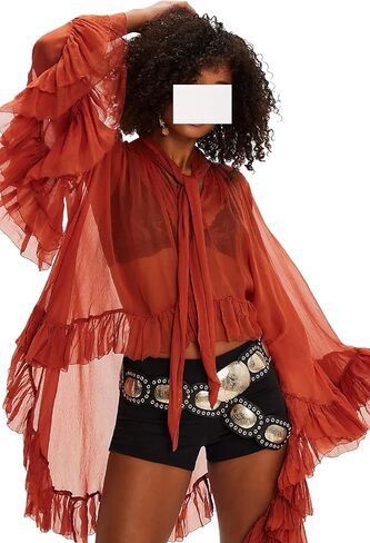 Women's Sheer Chiffon Long Sleeve Top Ruffle Blouse Flowy Lantern Sleeve Sexy See Through Tunic Frill Shirts in Saudi Arabia