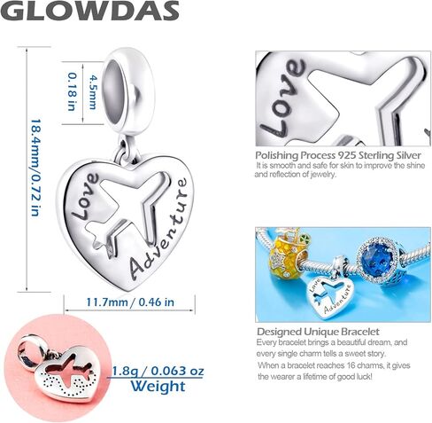 Airplane Charms, 925 Sterling Silver Plane Aircraft Pendant Charm, Adventure Travel Heart Beads fit Pandora Style Bracelet, Birthday Gifts for Family/BFF/Cousin/Aunt in Saudi Arabia