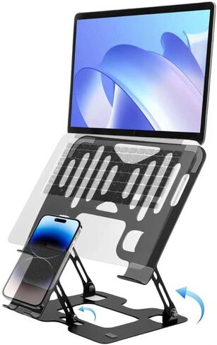2-in-1 Laptop & Phone Stand for Desk, Alloy Steel Portable Foldable Computer Riser, Ergonomic Design, Compatible with MacBook Air/Pro, Dell, HP, Lenovo & More 10-18" Laptops - Black in Saudi Arabia