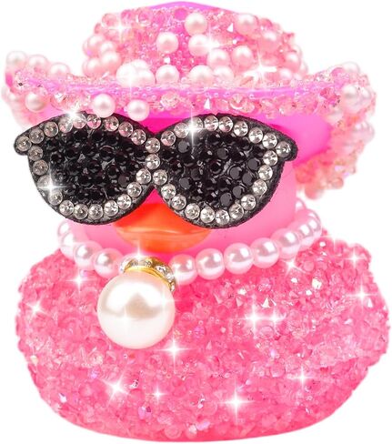 Rhinestones Rubber Duck Car Ornaments, Shiny Ducks Car Dashboard Decorations with Mini Cowboy Hat Necklace Sunglasses in Saudi Arabia