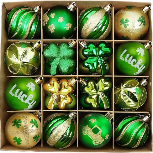 St Patricks Day Decorations Tree Ornament Set,32pcs Large Green Gold St Patrick's Day Shatterproof Good Luck Clover Hanging Ball Ornaments for Irish Holiday Festive Party Adornments Spring in Saudi Arabia