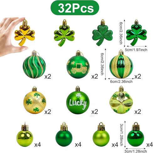 St Patricks Day Decorations Tree Ornament Set,32pcs Large Green Gold St Patrick's Day Shatterproof Good Luck Clover Hanging Ball Ornaments for Irish Holiday Festive Party Adornments Spring in Saudi Arabia