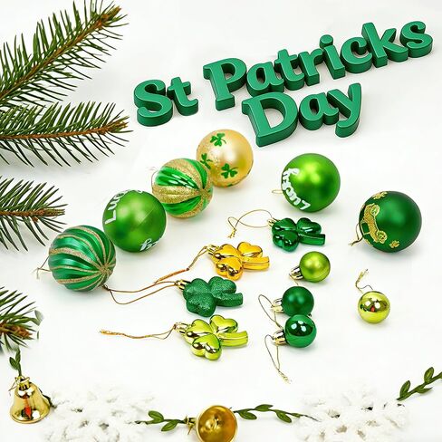 St Patricks Day Decorations Tree Ornament Set,32pcs Large Green Gold St Patrick's Day Shatterproof Good Luck Clover Hanging Ball Ornaments for Irish Holiday Festive Party Adornments Spring in Saudi Arabia