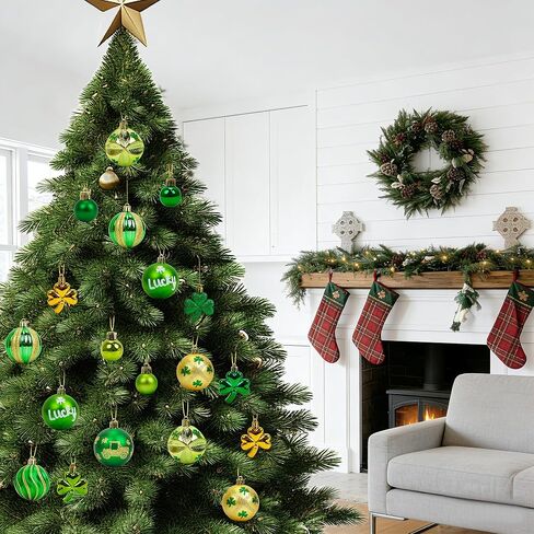 St Patricks Day Decorations Tree Ornament Set,32pcs Large Green Gold St Patrick's Day Shatterproof Good Luck Clover Hanging Ball Ornaments for Irish Holiday Festive Party Adornments Spring in Saudi Arabia
