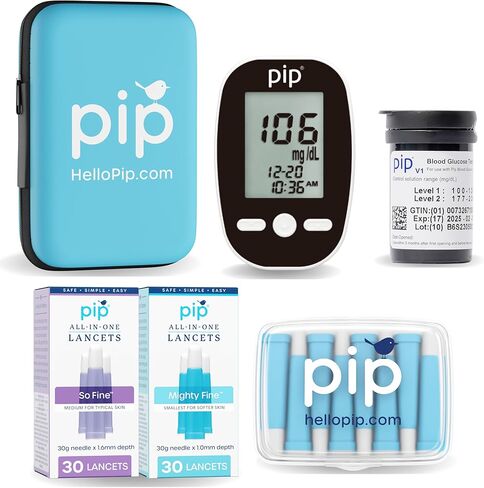 Pip Blood Glucose Monitor Travel Kit, 100 Glucometer Strips, 100 Lancets, 1 Blood Sugar Monitor, Blood Sugar Test Kit with Control Solution, Diabetes Travel Testing Kit, Pre-loaded Lancets in Saudi Arabia