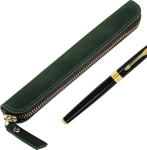 Crazy Horse Leather Zipper Pen Pouch Handmade, Single Pen Case Fountain Pen Sleeve Holder Pouch Cover Vintage, Mini Pencil Bag (Black) in Saudi Arabia