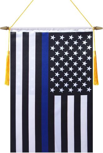 18 × 12 بوصة الولايات المتحدة الأمريكية رقيقة الخط الأزرق راية الجدار العلم، عمود معلق خشبي ولمسة نهائية مزدوجة من الساتان، علم معلق للشرطة، لغرفة المنزل، والفصول المدرسية، والنادي والباب in Kuwait