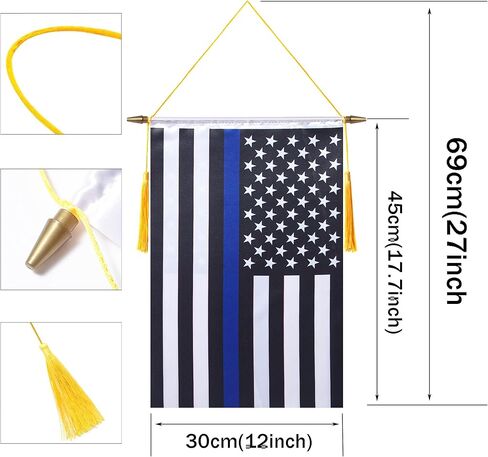18 × 12 بوصة الولايات المتحدة الأمريكية رقيقة الخط الأزرق راية الجدار العلم، عمود معلق خشبي ولمسة نهائية مزدوجة من الساتان، علم معلق للشرطة، لغرفة المنزل، والفصول المدرسية، والنادي والباب in Kuwait