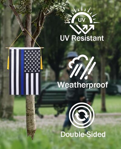 18 × 12 بوصة الولايات المتحدة الأمريكية رقيقة الخط الأزرق راية الجدار العلم، عمود معلق خشبي ولمسة نهائية مزدوجة من الساتان، علم معلق للشرطة، لغرفة المنزل، والفصول المدرسية، والنادي والباب in Kuwait