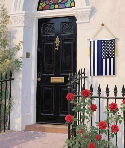 18 × 12 بوصة الولايات المتحدة الأمريكية رقيقة الخط الأزرق راية الجدار العلم، عمود معلق خشبي ولمسة نهائية مزدوجة من الساتان، علم معلق للشرطة، لغرفة المنزل، والفصول المدرسية، والنادي والباب in Kuwait