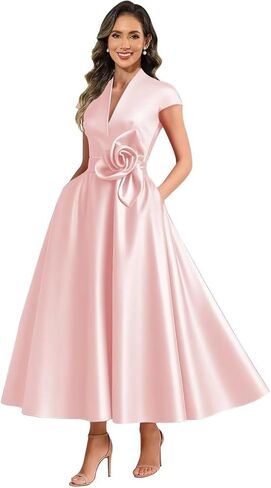 Tea Length Mother of The Bride Dresses for Women Satin 3D Flower Formal Gowns Cap Sleeve Wedding Guest Dress in Saudi Arabia