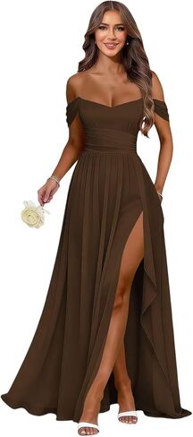 MCieloLuna Women's Off Shoulder Bridesmaid Dresses with Slit Chiffon Ruffles Formal Evening Gown MCLF001 in Saudi Arabia