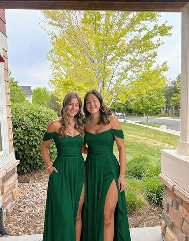 MCieloLuna Women's Off Shoulder Bridesmaid Dresses with Slit Chiffon Ruffles Formal Evening Gown MCLF001 in Saudi Arabia