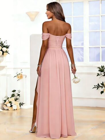 MCieloLuna Women's Off Shoulder Bridesmaid Dresses with Slit Chiffon Ruffles Formal Evening Gown MCLF001 in Saudi Arabia