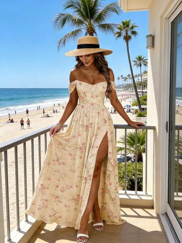MCieloLuna Women's Off Shoulder Bridesmaid Dresses with Slit Chiffon Ruffles Formal Evening Gown MCLF001 in Saudi Arabia