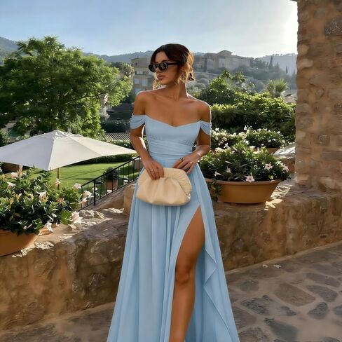 MCieloLuna Women's Off Shoulder Bridesmaid Dresses with Slit Chiffon Ruffles Formal Evening Gown MCLF001 in Saudi Arabia