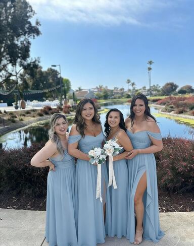 MCieloLuna Women's Off Shoulder Bridesmaid Dresses with Slit Chiffon Ruffles Formal Evening Gown MCLF001 in Saudi Arabia
