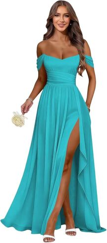 MCieloLuna Women's Off Shoulder Bridesmaid Dresses with Slit Chiffon Ruffles Formal Evening Gown MCLF001 in Kuwait