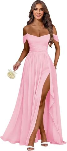 MCieloLuna Women's Off Shoulder Bridesmaid Dresses with Slit Chiffon Ruffles Formal Evening Gown MCLF001 in Saudi Arabia