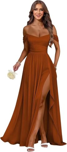 MCieloLuna Women's Off Shoulder Bridesmaid Dresses with Slit Chiffon Ruffles Formal Evening Gown MCLF001 in Saudi Arabia