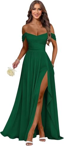 MCieloLuna Women's Off Shoulder Bridesmaid Dresses with Slit Chiffon Ruffles Formal Evening Gown MCLF001 in Saudi Arabia
