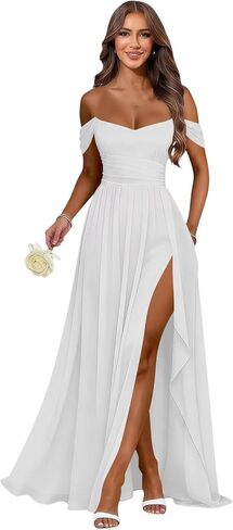 MCieloLuna Women's Off Shoulder Bridesmaid Dresses with Slit Chiffon Ruffles Formal Evening Gown MCLF001 in Saudi Arabia