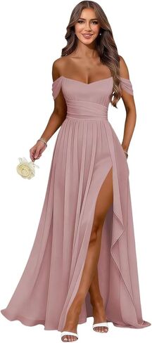 MCieloLuna Women's Off Shoulder Bridesmaid Dresses with Slit Chiffon Ruffles Formal Evening Gown MCLF001 in Saudi Arabia