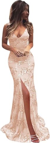 Sparkly Sequin V-Neck Prom Dress for Women 2026 Mermaid Spaghetti Straps Mermaid Formal Evening Gown with Slit KS066 in Kuwait