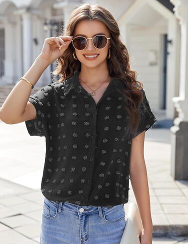 Womens Tops Dressy Casual Casual Womens Shirts Casual Collared Womens Blouse Womens Short Sleeve Blouses Womens Blouses Dressy Casual Women Blouses Casual T Shirts for Women Black Large in Kuwait