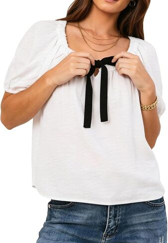 Remidoo Women's Bow Tie Blouse Short Puff Sleeve Tops Loose Fit Going Out Shirt in Saudi Arabia