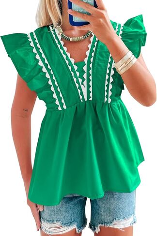 Tankaneo Womens Babydoll Peplum Tops Ruffle Cap Sleeve V Neck Blouse Dressy Cute Summer Pleated Shirts Trendy in Saudi Arabia