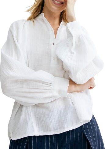 Womens White Batwing-Sleeved Muslin Blouse Stand Collar Long Sleeves Casual Button Tops in Saudi Arabia