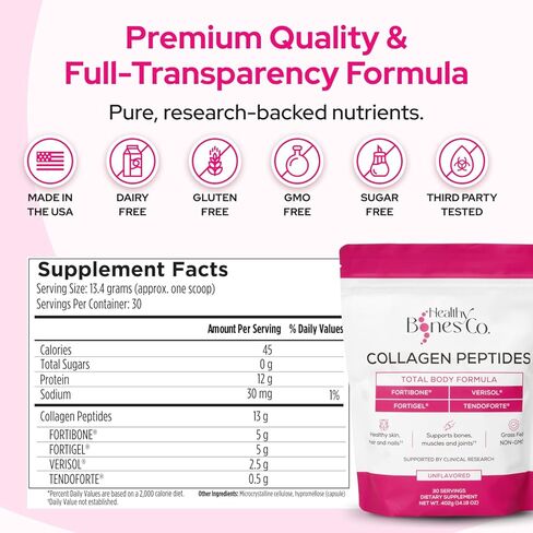 فورتيبون بريميوم صحة العظام كولاجين الببتيدات مع فورتيجل، فيريسول، تيندوفورتي | مدعم سريريًا للعظام والمفاصل والجلد والشعر والأظافر | تركيبة الكولاجين المتحللة الكاملة لمكافحة الشيخوخة | 30 حصة in Kuwait