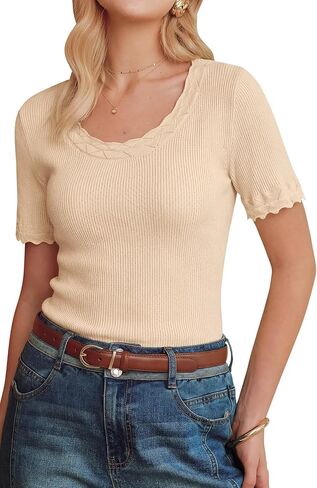 Arach&Cloz Women's 100% Cotton Short Sleeve Sweater Pullover Scoop Neck Lightweight Business Casual Outfits Spring Tops 2026 in Saudi Arabia