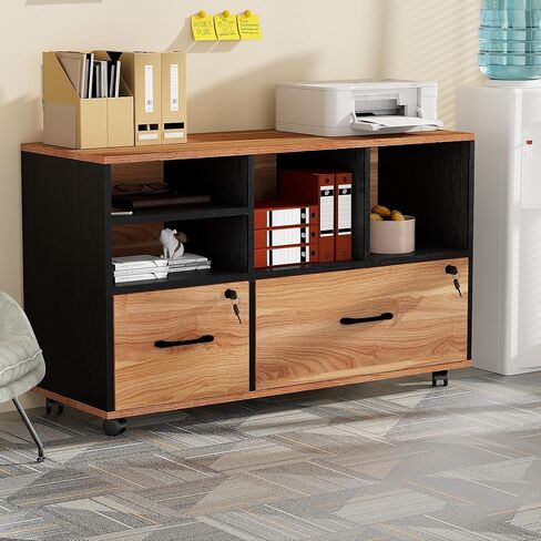 خزانة ملفات جانبية كبيرة من الخشب ذات درجين، خزانة ملفات متدحرجة قابلة للقفل مع أرفف تخزين، خزانة تخزين مكتبية لحامل الطابعة للمكتب المنزلي تناسب الملفات القانونية/A4، أسود in Kuwait