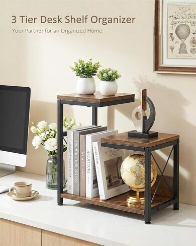 Desk Shelf Organizer, Small Desktop Bookshelf for Desk, Wood Table Top Shelves, Desktop Organizer Shelf for Office, Desk Decor, Nightstand, Home, Corner, 3 Tier Rustic Brown in Saudi Arabia