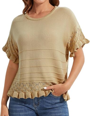 المرأة قصيرة الأكمام متماسكة سترة أعلى كشكش العيينة Pointelle تريكو Crewneck عارضة الصيف السترة القميص in Kuwait