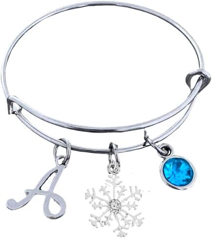 Personalized Snow Flake Charm Bangle Bracelet with Birthstone and Initial Charm, Snow Flake Jewelry Gifts for Women in Saudi Arabia