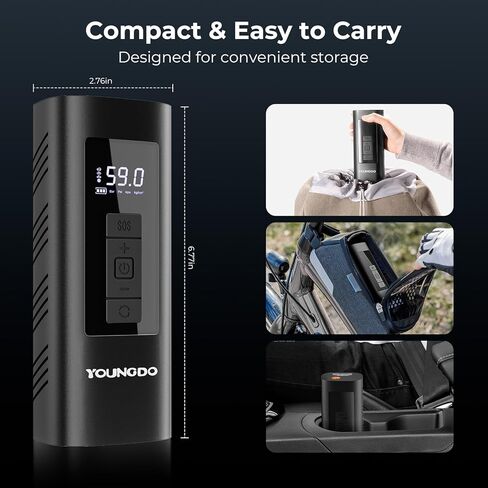 ضاغط هواء محمول لنفخ الإطارات من يونجدو، 150 رطل لكل بوصة مربعة و6000 مللي أمبير في الساعة، منفاخ إطارات مع مقياس الضغط، نفخ سريع للسيارة والدراجات النارية والدراجة والكرات، قابل لإعادة الشحن عبر USB-C كمصباح وبنك طاقة in Kuwait