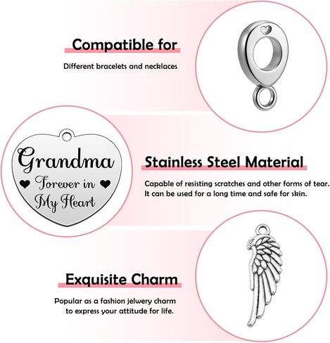 Heigebi Sympathy Gift for Loss of Grandma Memorial Jewelry Dangle Charm for Bracelet Necklace Cremation Jewelry for Ashes Stainless Steel Heart Remembrance Keepsake for Loss of Grandmother in Saudi Arabia