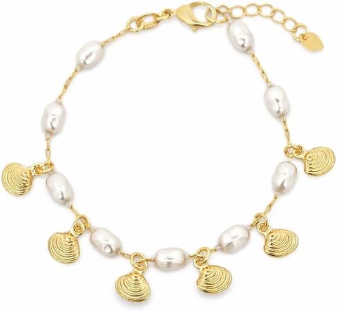 Gold Tone Stainless Steel Paperclip Link Bracelet with Freshwater Pearl and Sea Shell Charms in Saudi Arabia