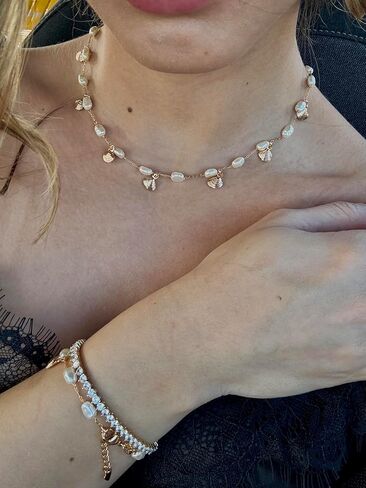 Gold Tone Stainless Steel Paperclip Link Bracelet with Freshwater Pearl and Sea Shell Charms in Saudi Arabia