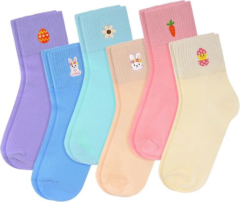 Mepase 6 Pairs Easter Socks for Women Pastel Embroidered Ankle Socks Bunny Carrot Easter Egg Chick Basket Stuffers for Teen in Saudi Arabia