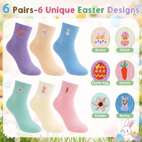 Mepase 6 Pairs Easter Socks for Women Pastel Embroidered Ankle Socks Bunny Carrot Easter Egg Chick Basket Stuffers for Teen in Saudi Arabia